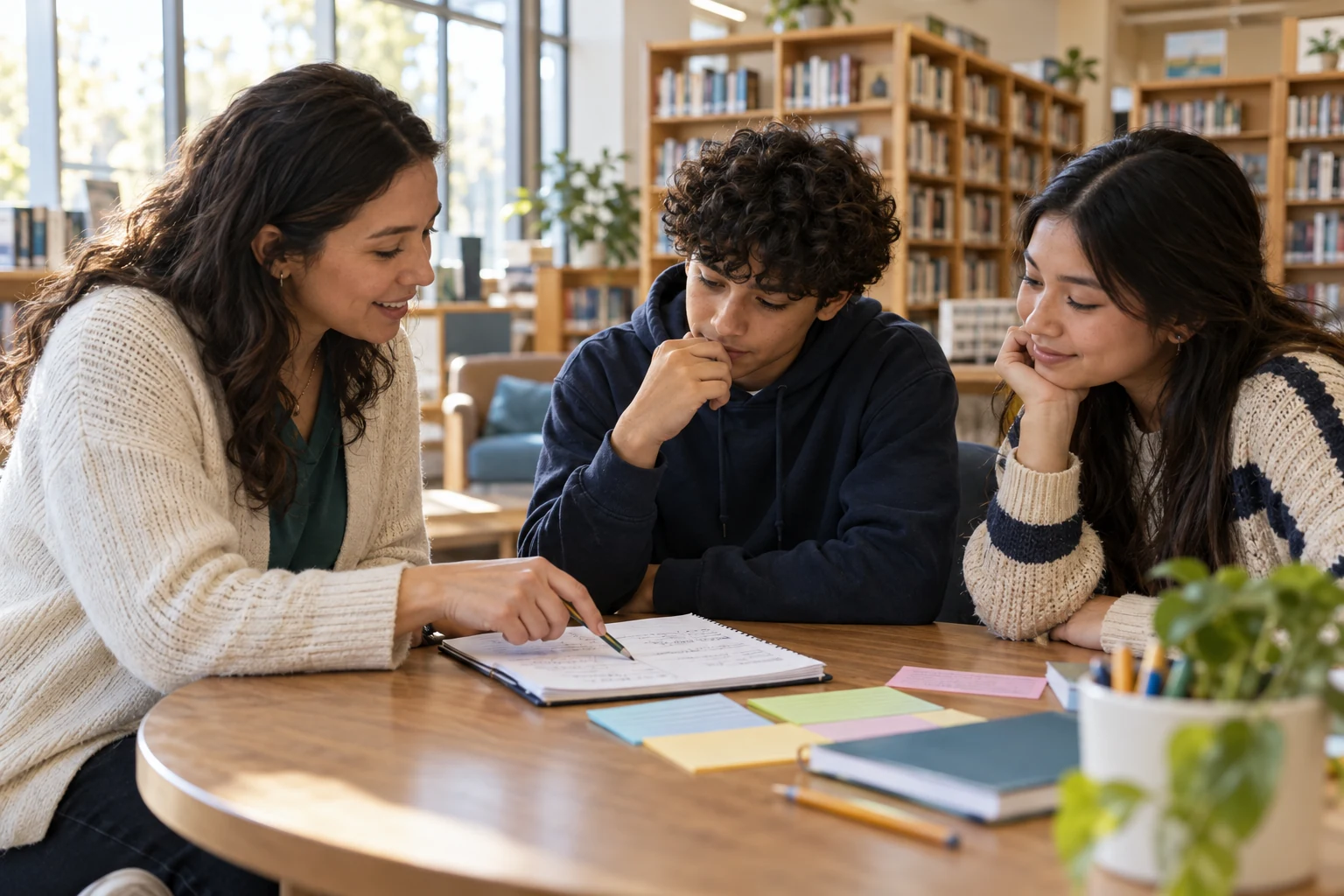 An educator and two teenage learners exploring a notebook together.