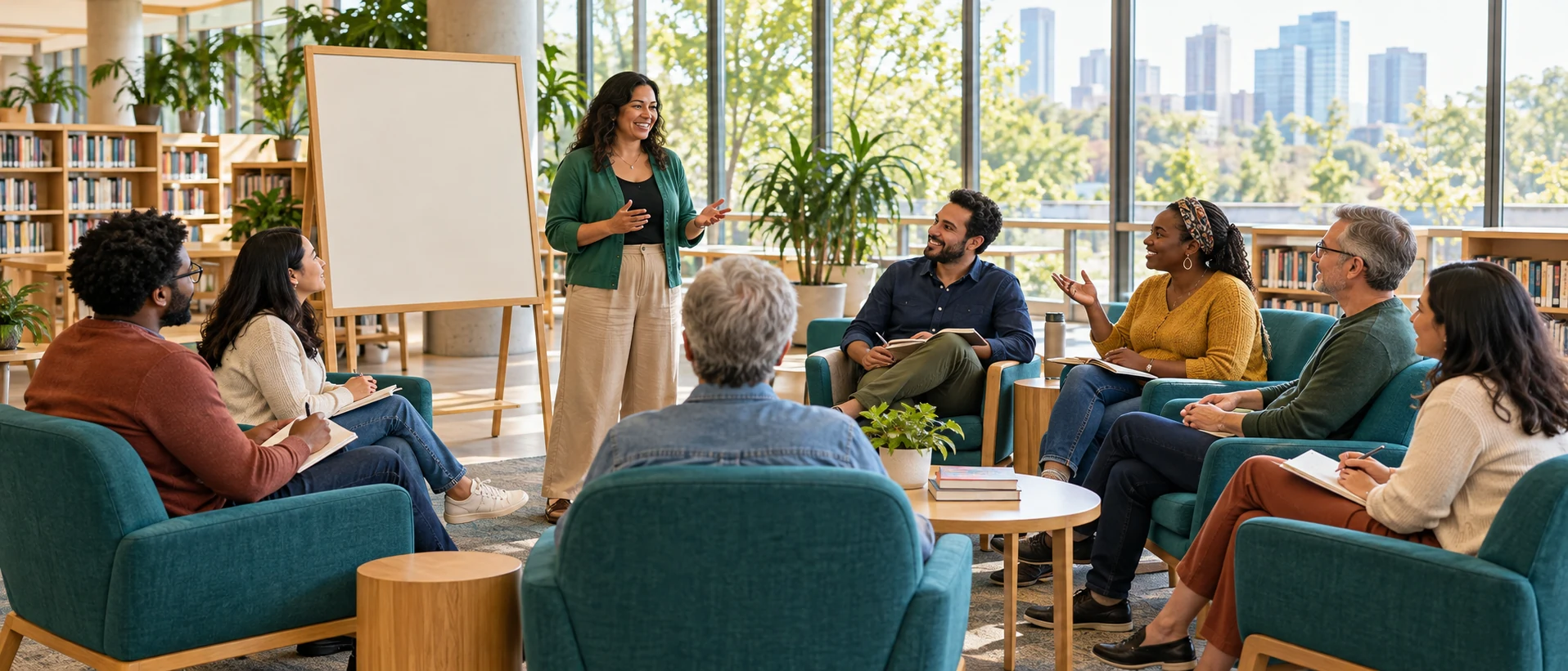 Adult learners discussing questions with a facilitator in a bright library room.